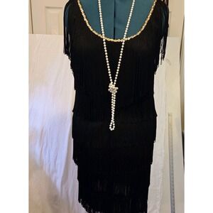 Charades Flapper Halloween Costume Black Fringe Gold Sequin Trim Sz L  W/beads
